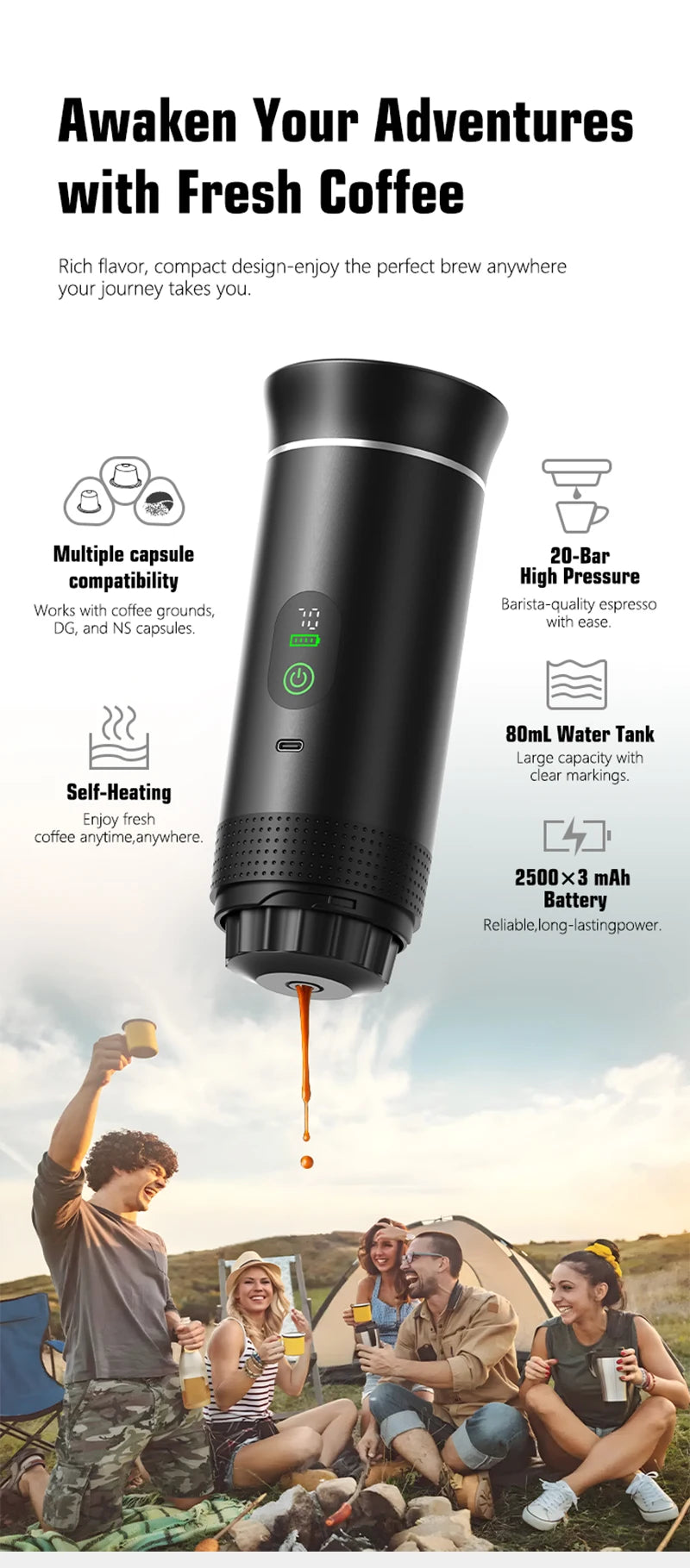 DENOKIN 3-in-1 Portable Espresso Machine